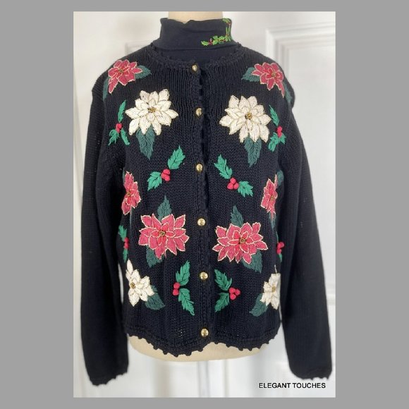 Bechamel Petite Christmas Poinsettia Black Sweater PL Holly Turtleneck Top LOT 2 - Picture 1 of 9